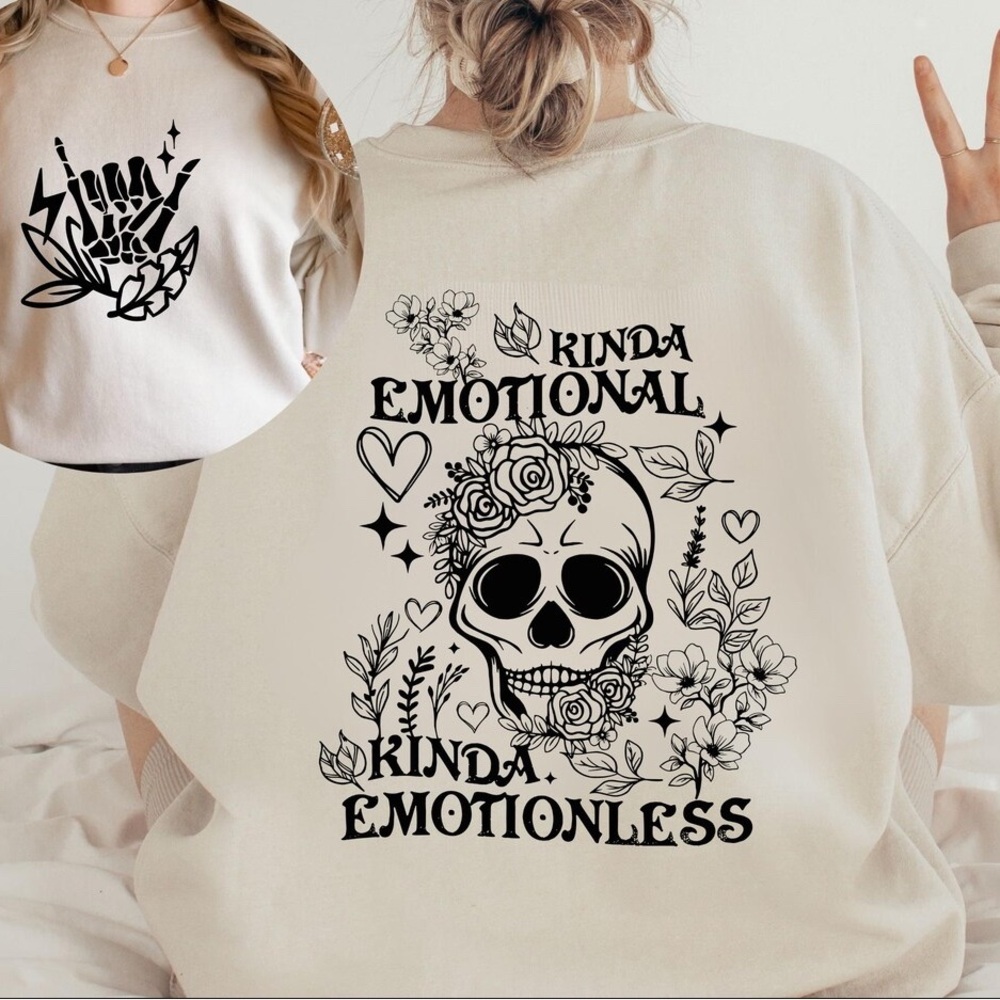 Beige Sweatshirt with Skull and Floral Design